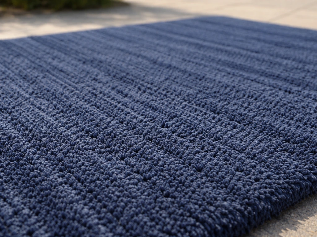 Close-up of a solution-dyed acrylic outdoor rug showing deep, even color through the fibers.