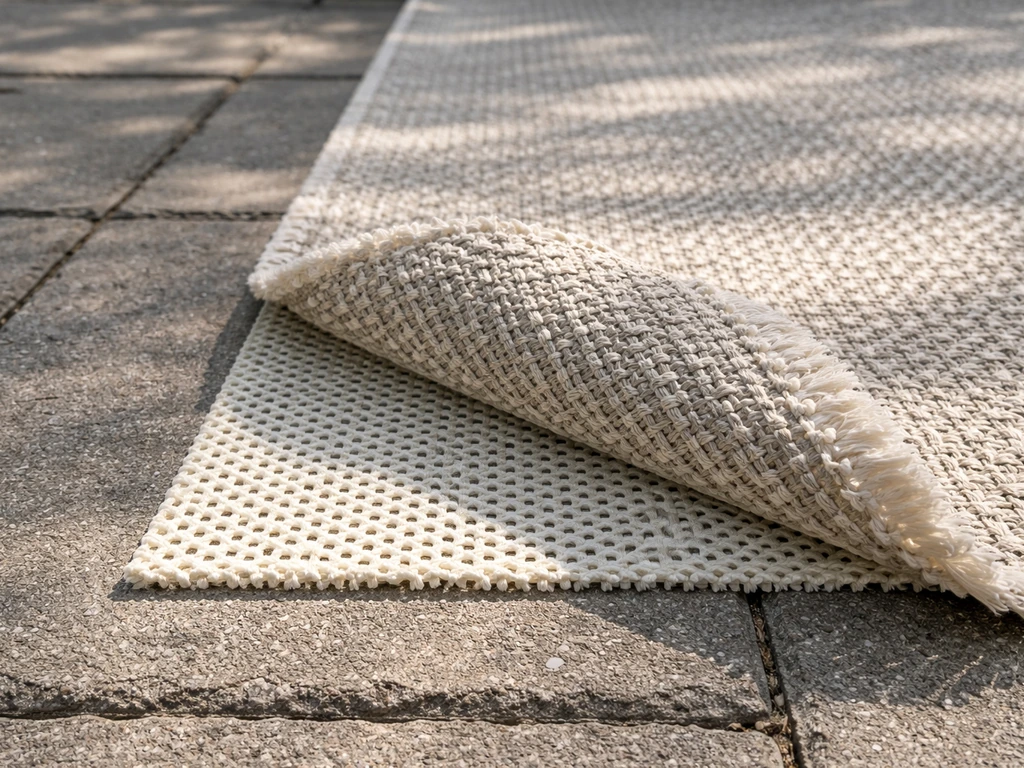 Outdoor rug pad being placed under a rug on concrete pavers to prevent shifting in wind.