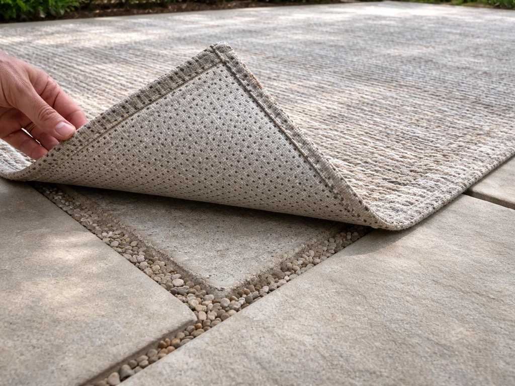 Corner of an outdoor rug lifted to reveal a clean, dry underside and airflow gap underneath.