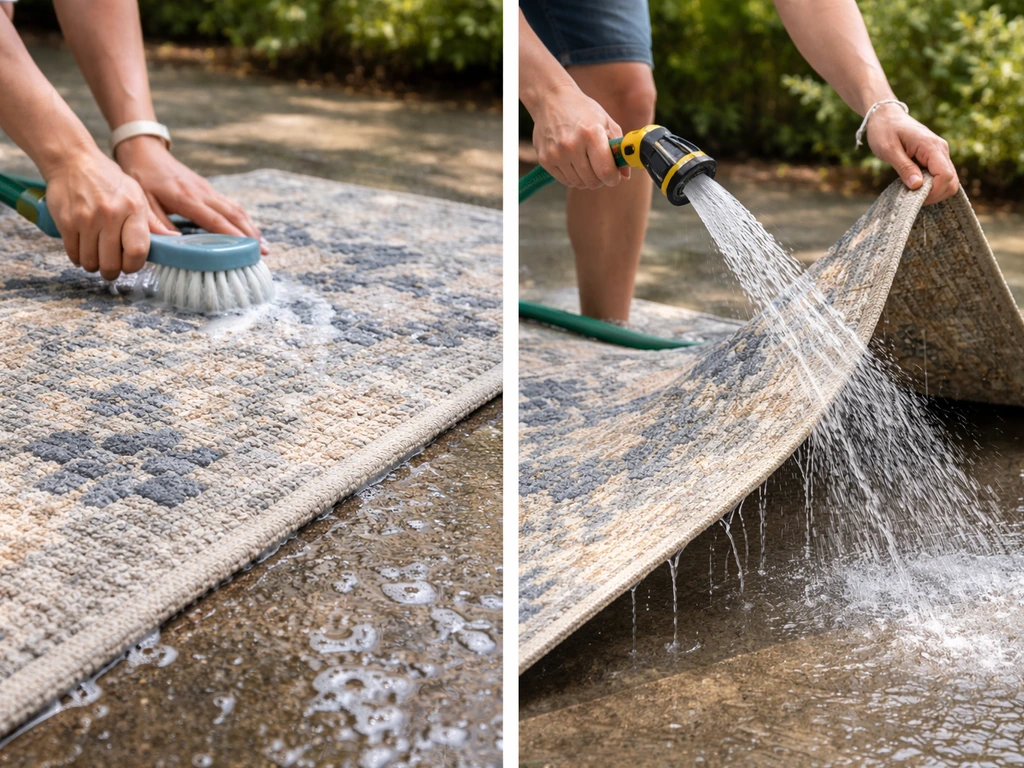 Garden hose rinsing an outdoor rug while a person brushes both sides to remove grit, then it dries