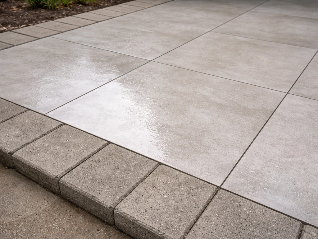 Porcelain patio tiles and concrete pavers installed outdoors, grout lines and layout clearly visible.