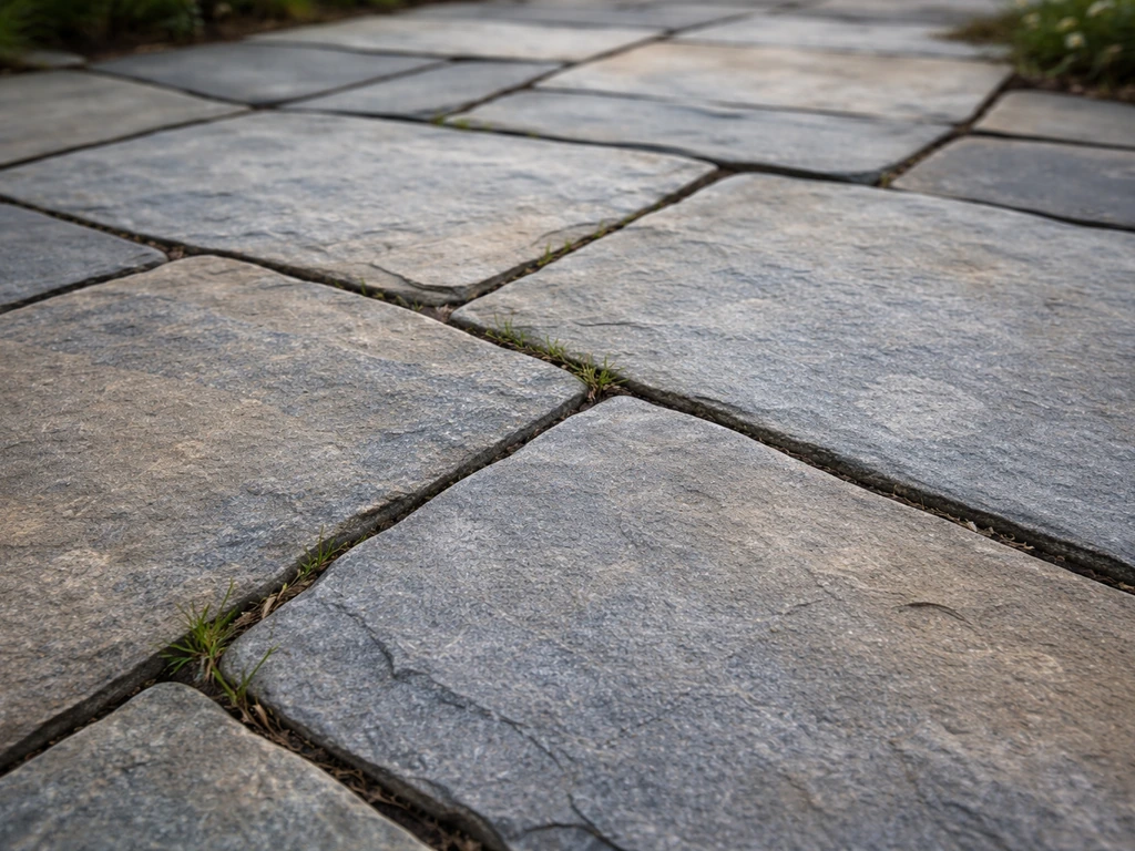 Close-up of a natural stone patio showing flagstone/bluestone texture, seams, and realistic outdoor wear.