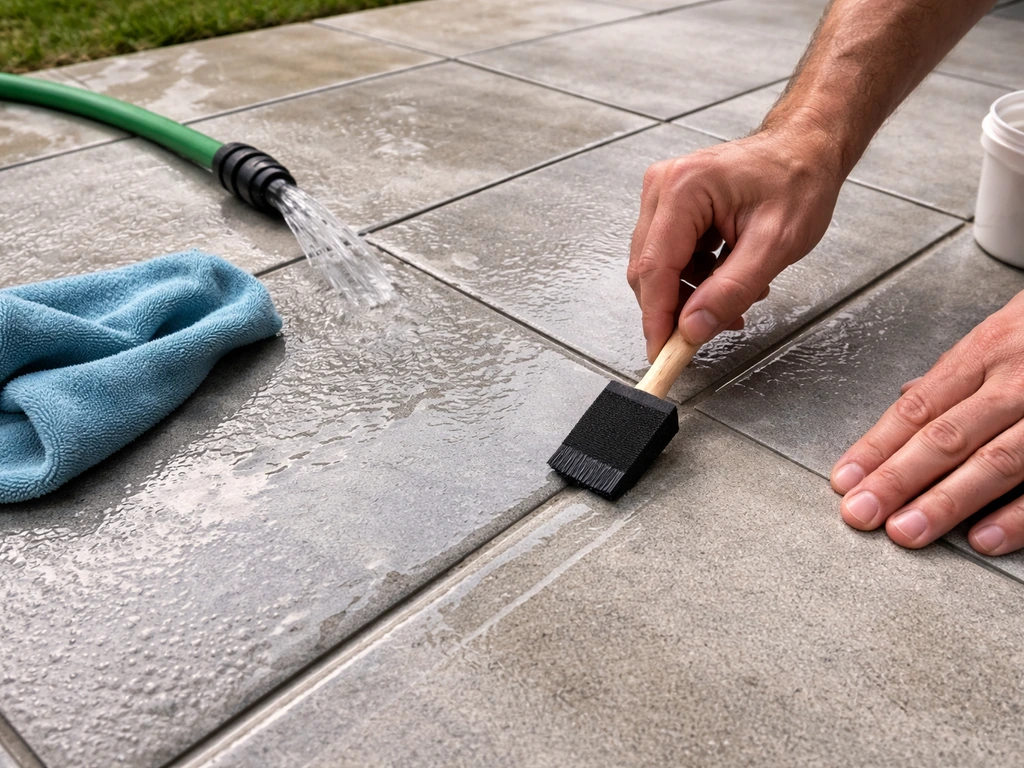 Hose and cloth cleaning solution on an outdoor patio section with a worker applying sealant by hand