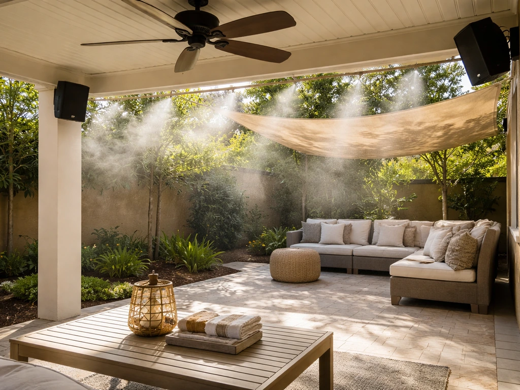 Sunlit patio with ceiling fan, misting sprayer, shade cover, and outdoor speakers in view