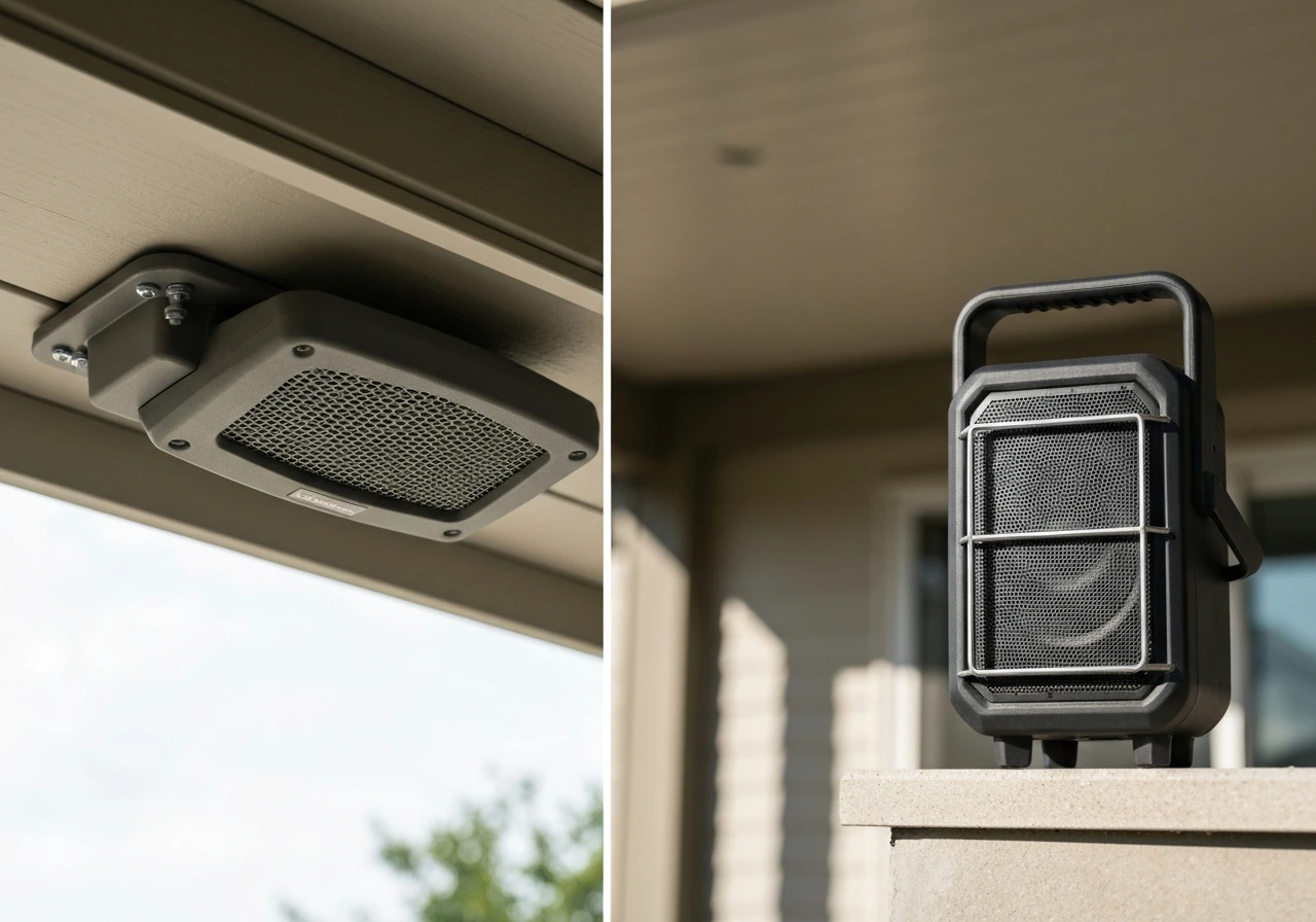 Side-by-side close-up of an outdoor mounted speaker and a portable outdoor speaker on a patio.
