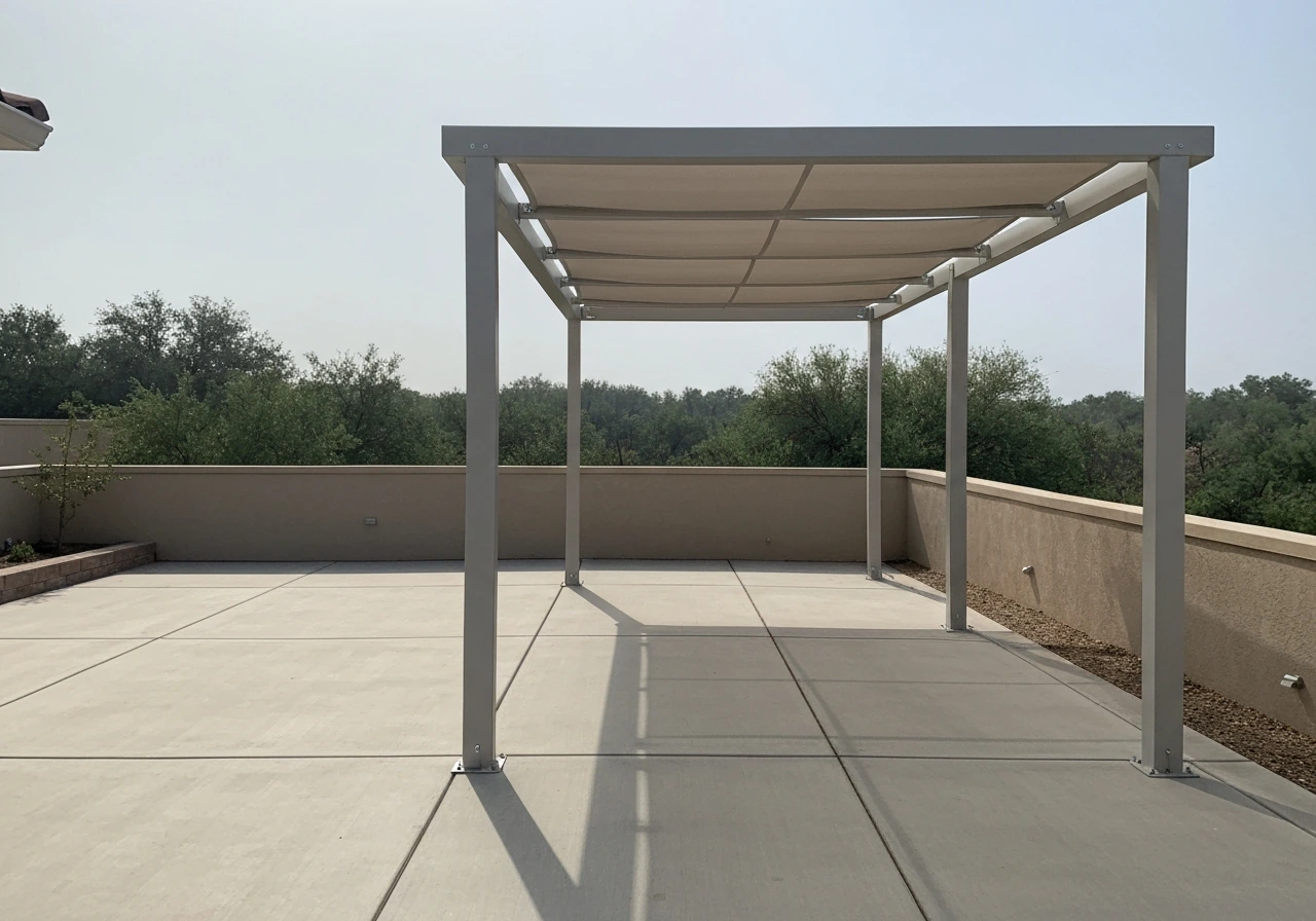 Side view of a pergola shade structure on a patio with visible posts and attachment points