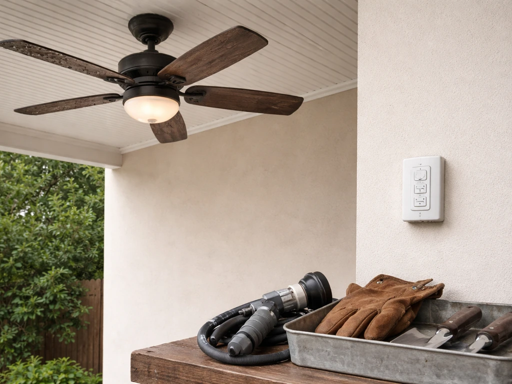 Wet-rated outdoor ceiling fan with wall control, alongside neatly organized rugged patio tools.