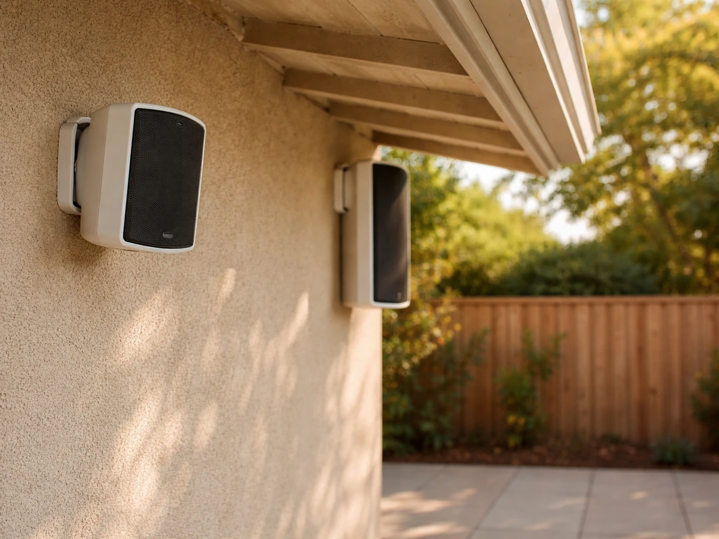 Two wall-mounted outdoor speakers on a quiet patio, one closer and one farther back for comparison.