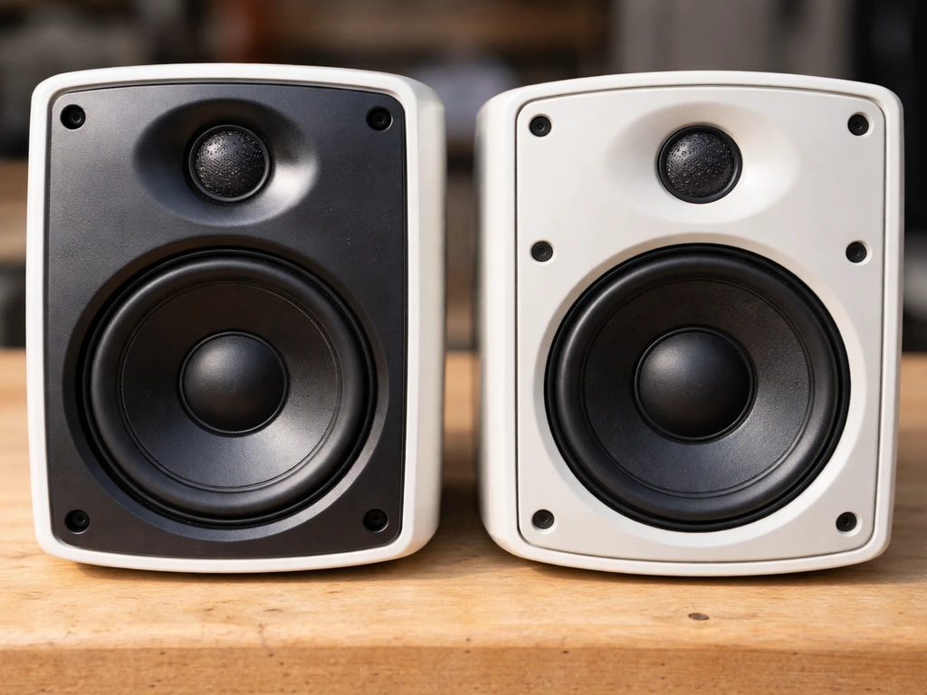 Side-by-side close-up of two outdoor speaker cabinets showing their midwoofer and tweeter layouts.