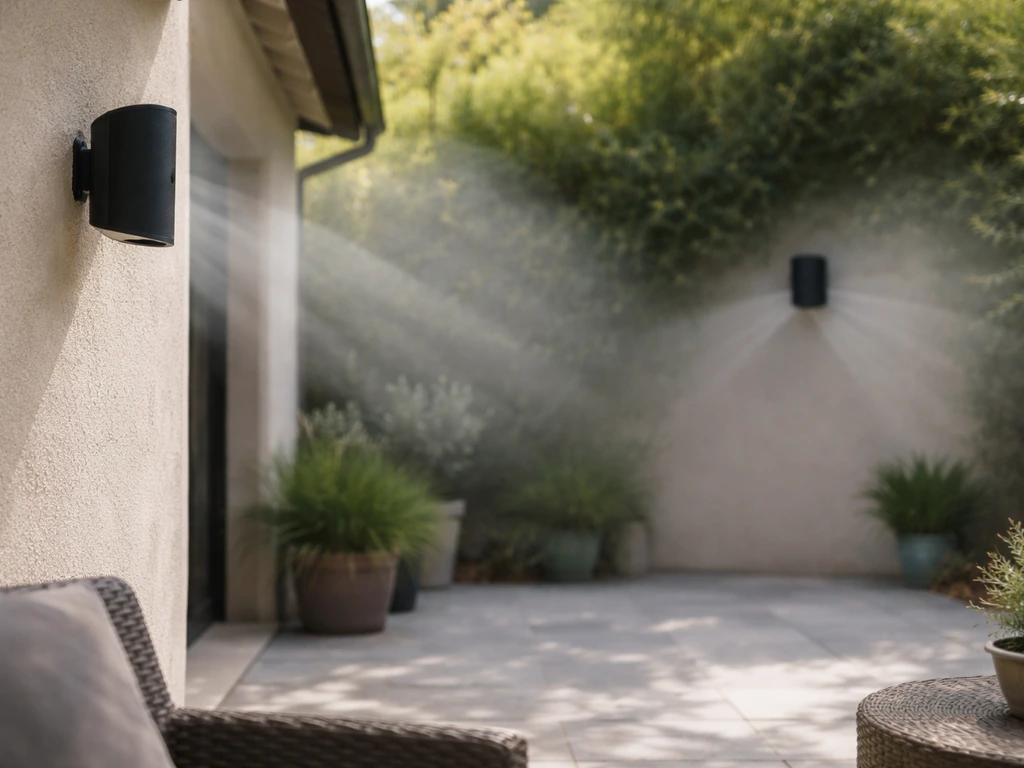 Two outdoor speakers on an empty patio with subtle distance-based sound fade in the air.