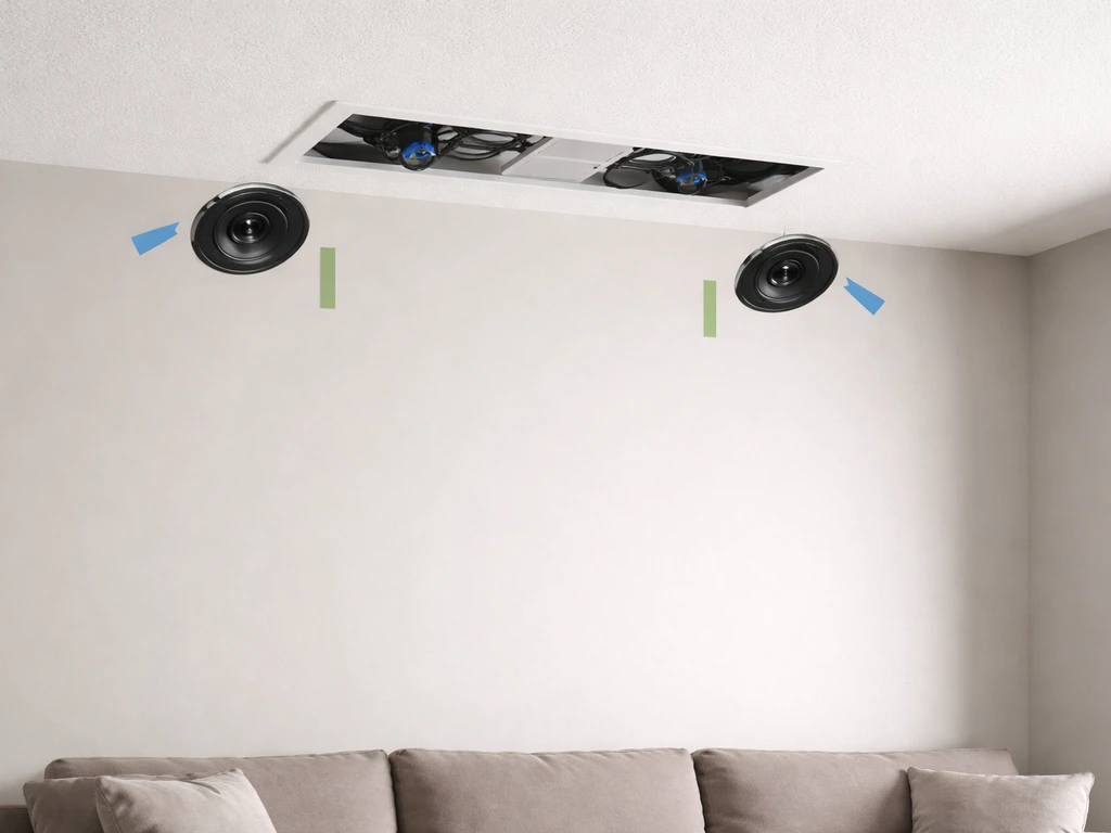 Black in-wall speakers mounted high under a ceiling, angled down toward empty seating area