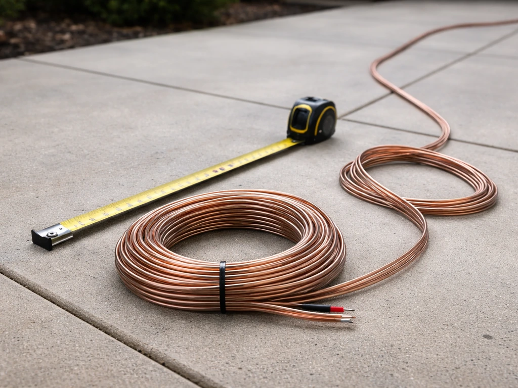 Outdoor copper speaker wire on a patio with a measuring tape showing added run length margin.