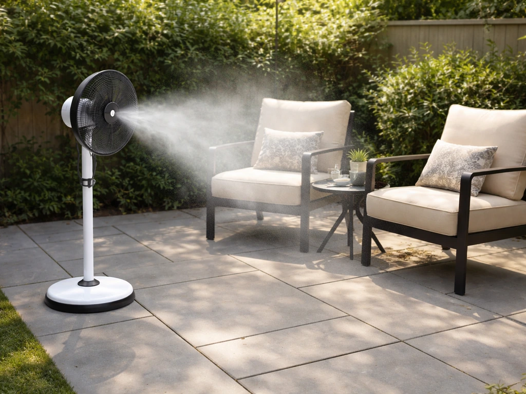 Misting fan on a patio with fine mist drifting over seating to show ideal placement and coverage.