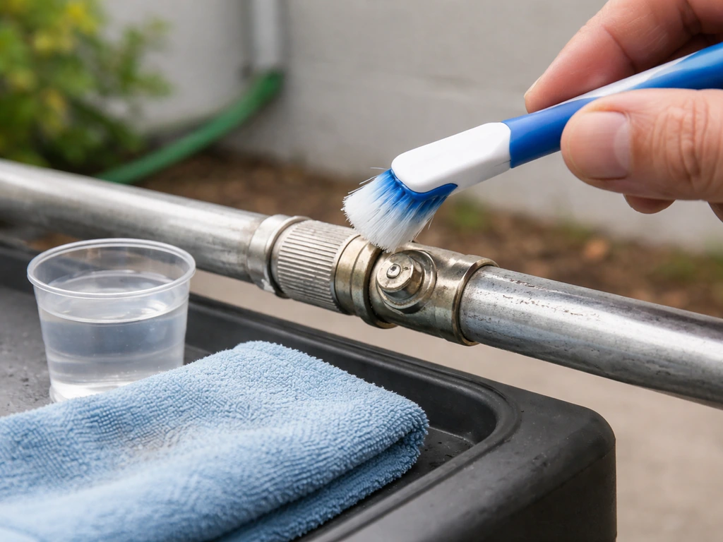 Close-up of an unclogging misting fan nozzle being cleaned with a small brush in a simple outdoor setup.