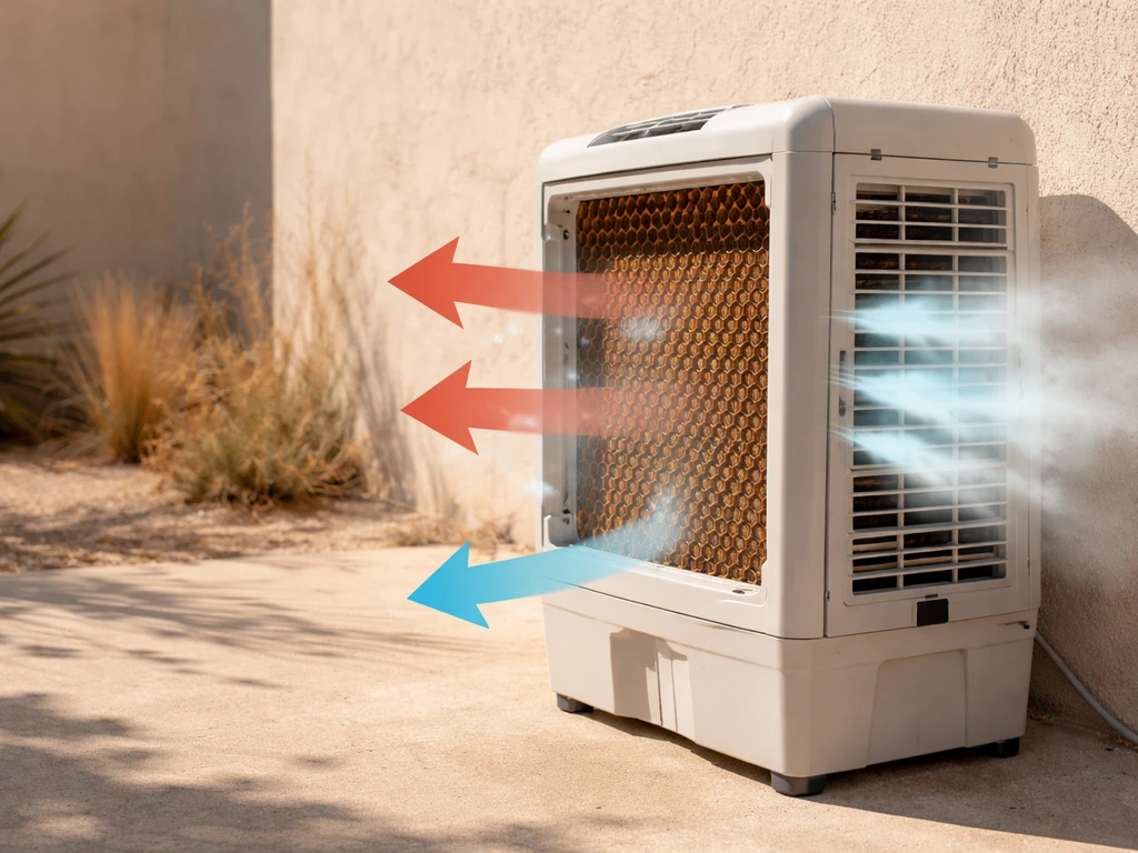Side view of a patio evaporative cooler pulling hot dry air through wet pads, with misty cooled airflow.