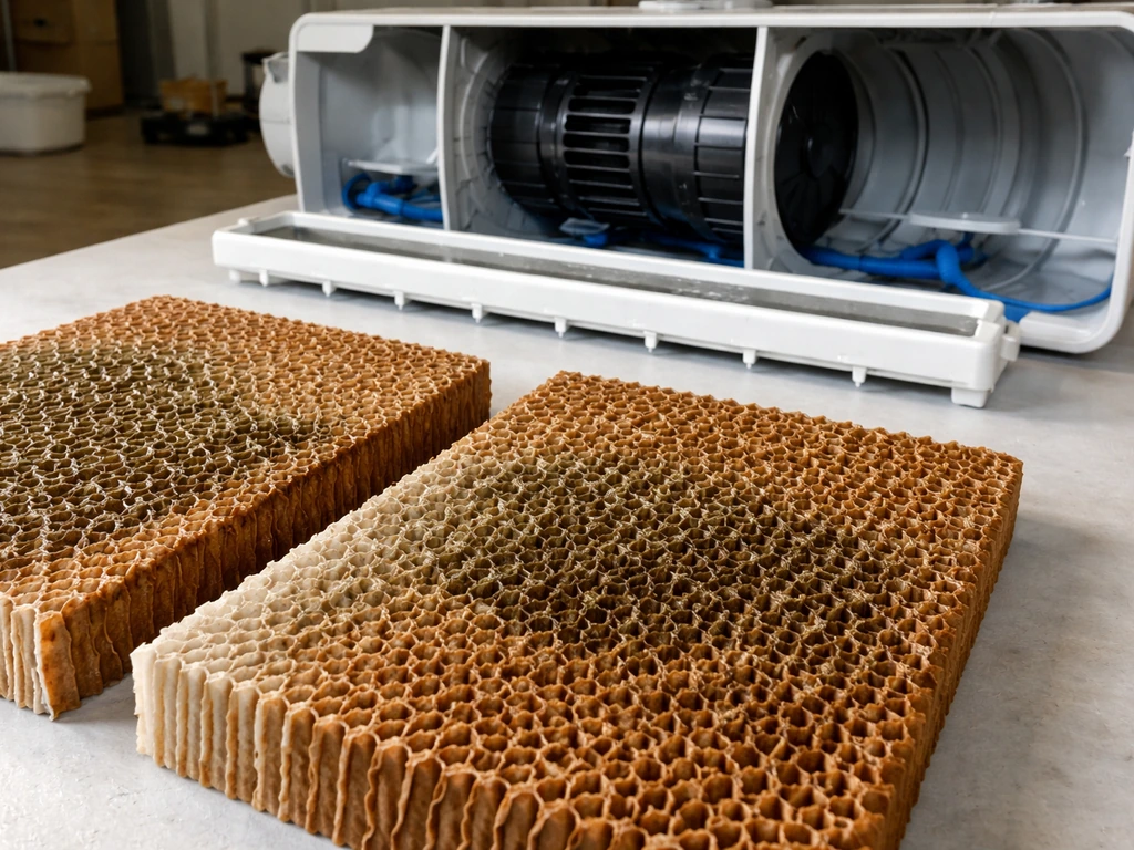 Side-by-side view of evaporative cooler cooling pads, water distribution, and airflow path on a table