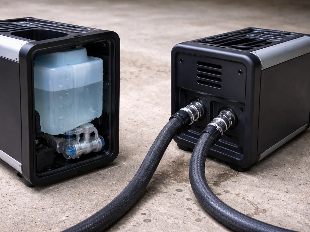 Close view of a portable cooler’s water tank area beside a direct-connect hose feeding it