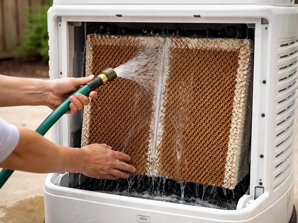 Person rinsing evaporative cooler cooling pads with a garden hose, showing seasonal maintenance outdoors.