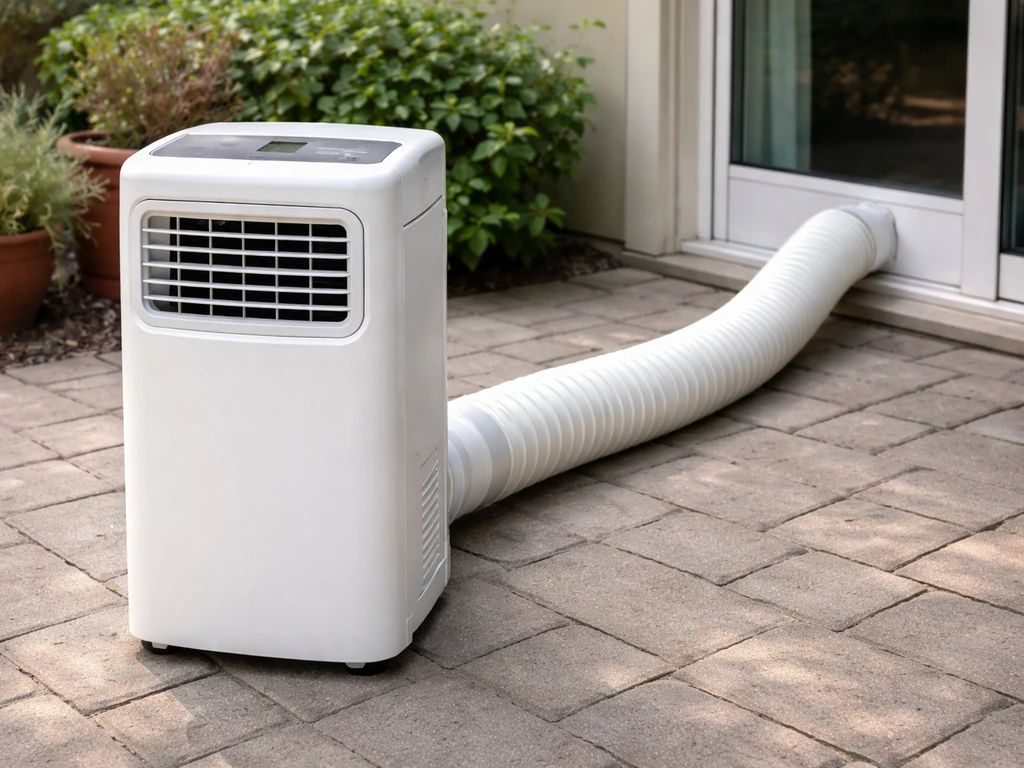 Portable air conditioner on a patio with exhaust hose routed toward a window/door vent kit