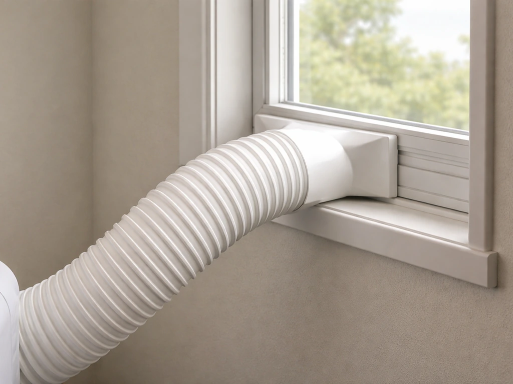 Close-up of a portable AC exhaust hose routed smoothly out a window for proper ventilation.