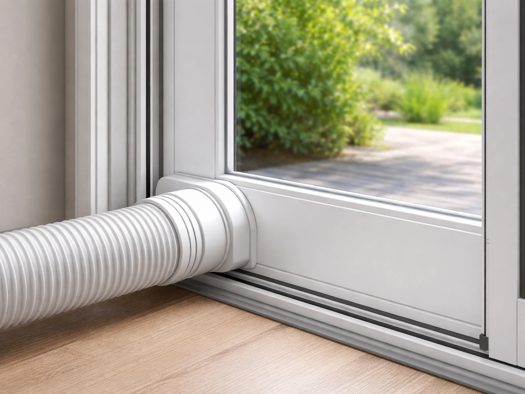 Sliding patio door with vent kit adapter and exhaust hose sealed at the connection point.