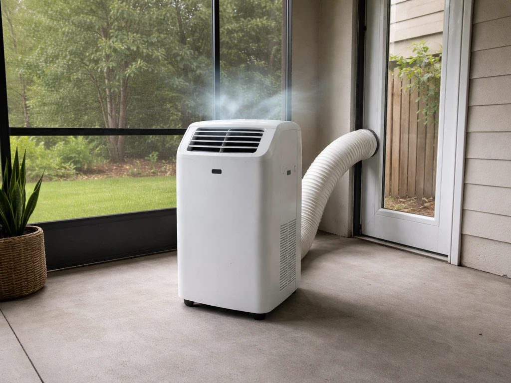 Portable AC inside a screened patio enclosure with exhaust routed outside through a wall/door opening.