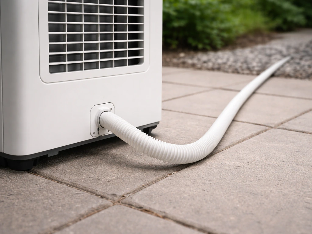 Air conditioner unit set on a level surface with condensate hose connected and drain setup visible