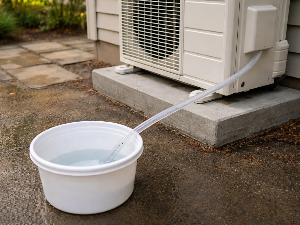 Outdoor AC unit’s drain hose runs into a bucket collecting condensate on a humid patio.