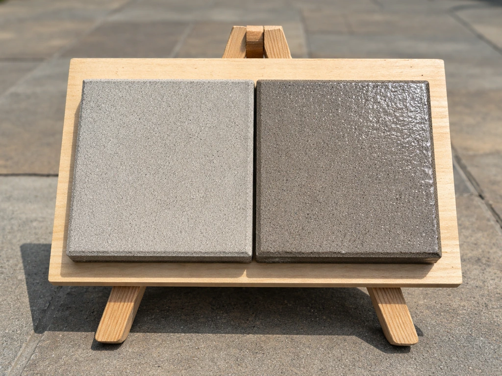 Side-by-side patio paver samples showing matte penetrating finish vs wet-look acrylic gloss under natural light.