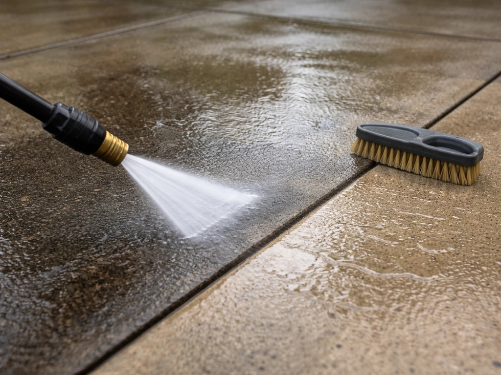 Pressure washer cleaning wet concrete patio, with a scrub brush nearby and drying patches visible.