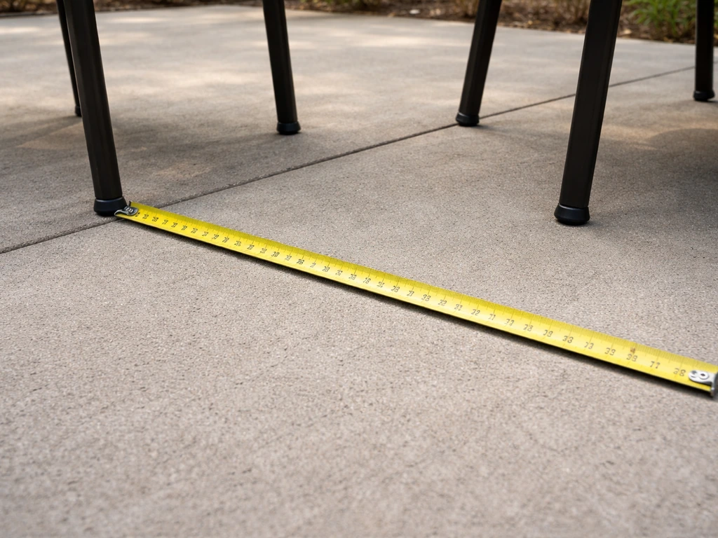 Tape measure stretched over concrete patio with furniture legs positioned to plan outdoor carpet size.