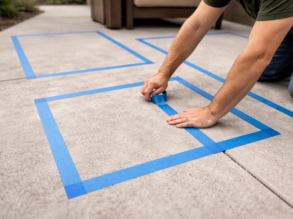 Hands using painter’s tape to mark a patio furniture layout on a concrete slab