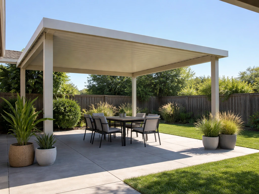 Solid-roof patio cover with shaded seating in a sunny backyard, with a clear bright sky backdrop.