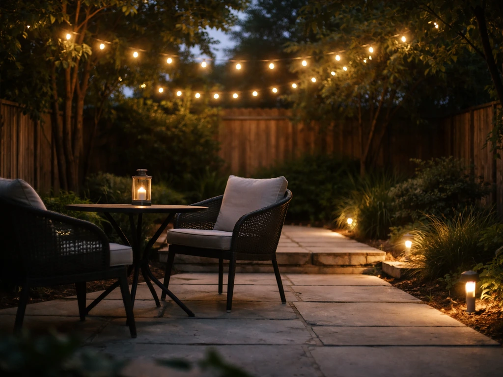 Dusk patio with layered warm string lights and subtle step/path lighting around an outdoor lounge