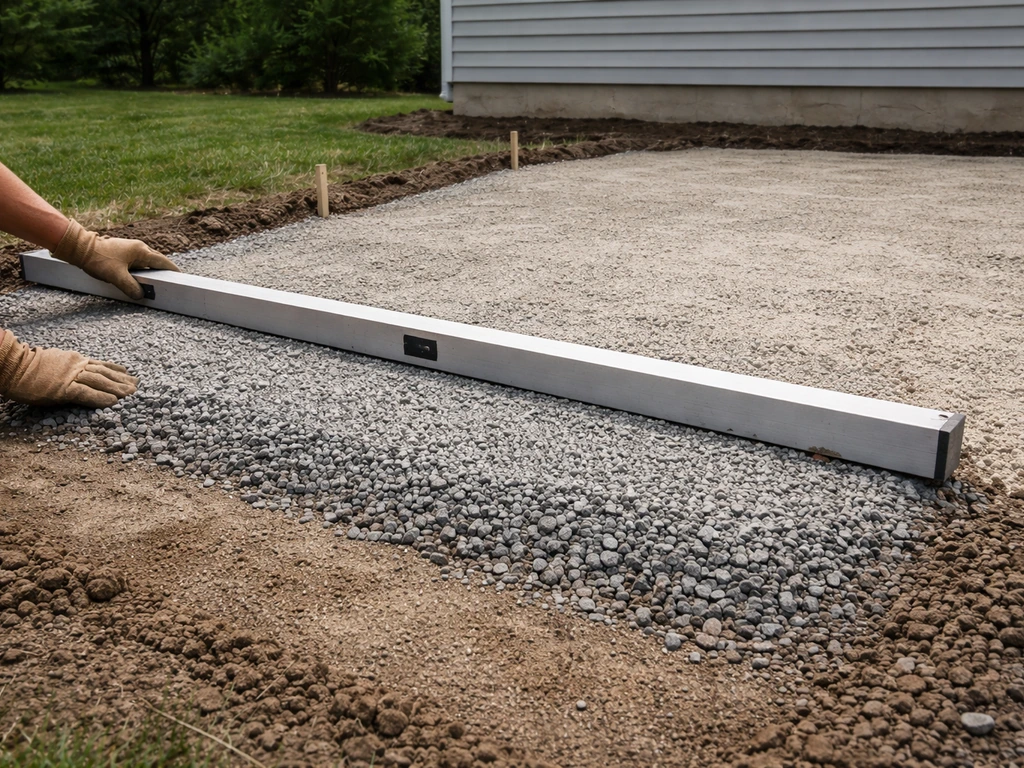 Contractor measuring patio slope with a straightedge; sub-base layers and gravel visible near a house