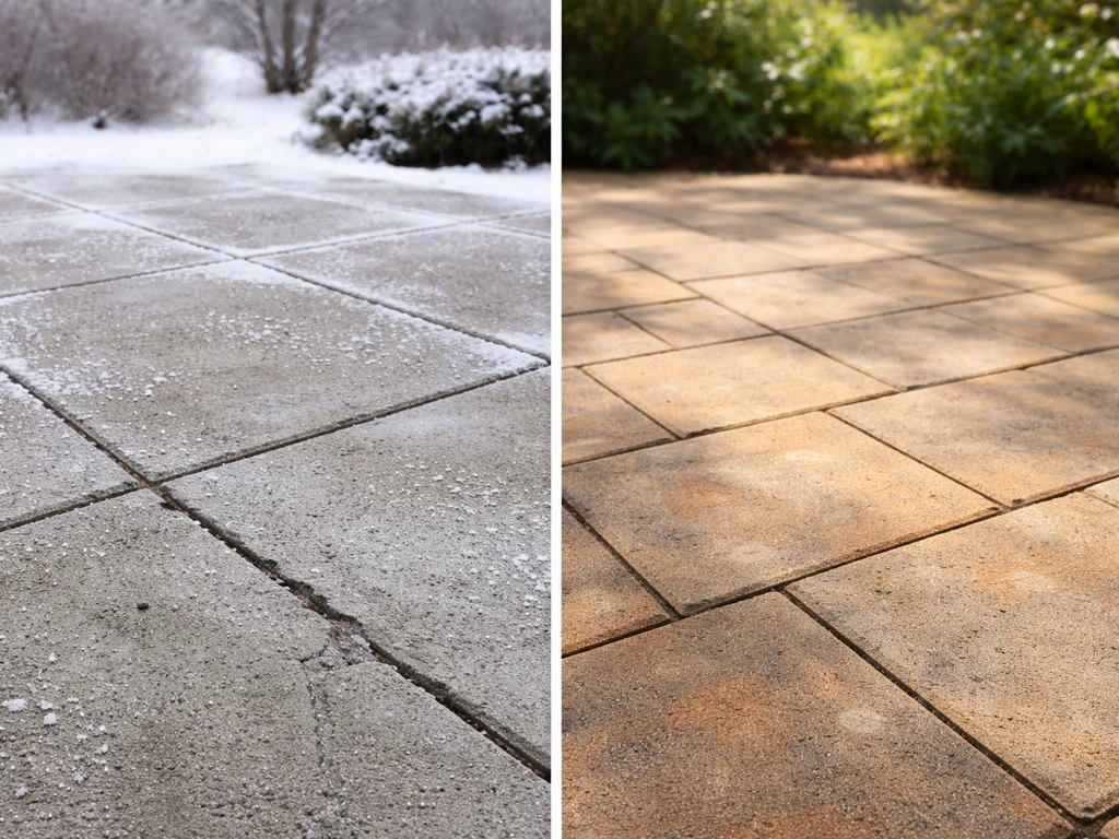 Minimal split-view of two patios: one with snowy freeze-thaw wear and one with hot humid sun fading on pavers.