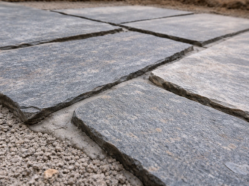 Close-up of a flagstone patio being set with mortar, showing textured stone and neat grout lines.