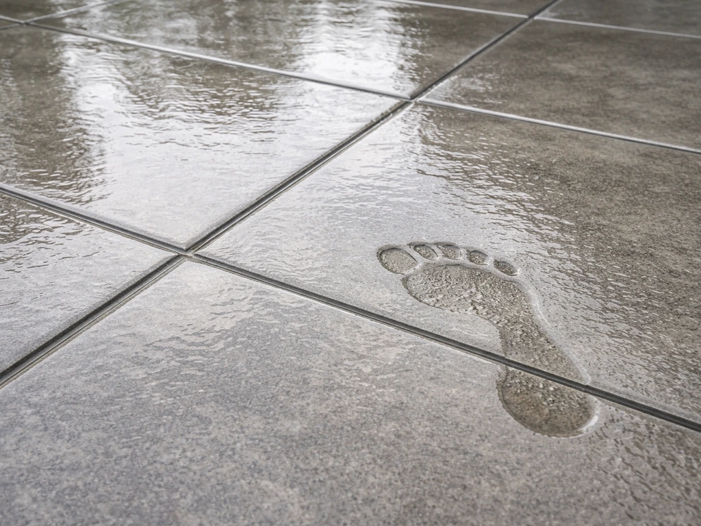 Wet outdoor patio tile with shallow water and a subtle wet footprint showing traction vs slip risk.