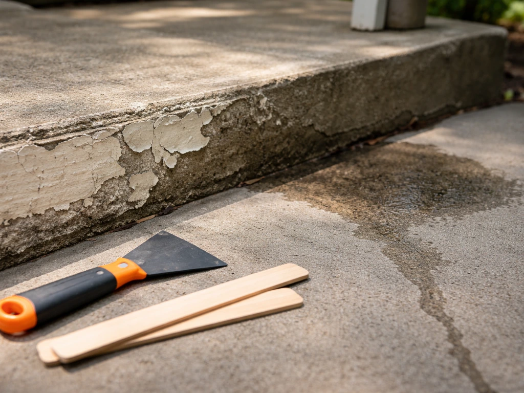 Patio surface with peeling paint edge and a nearby damp-looking concrete patch, minimal cleanup setup nearby
