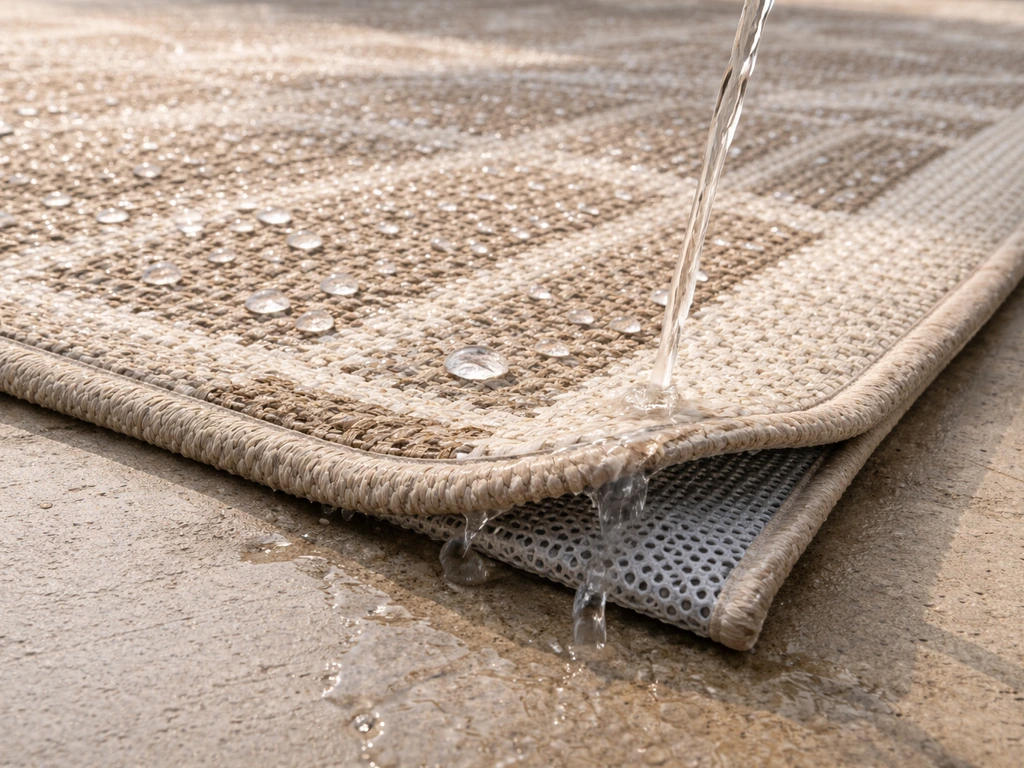 Outdoor patio rug close-up with water beading on top fibers and draining through backing edge.