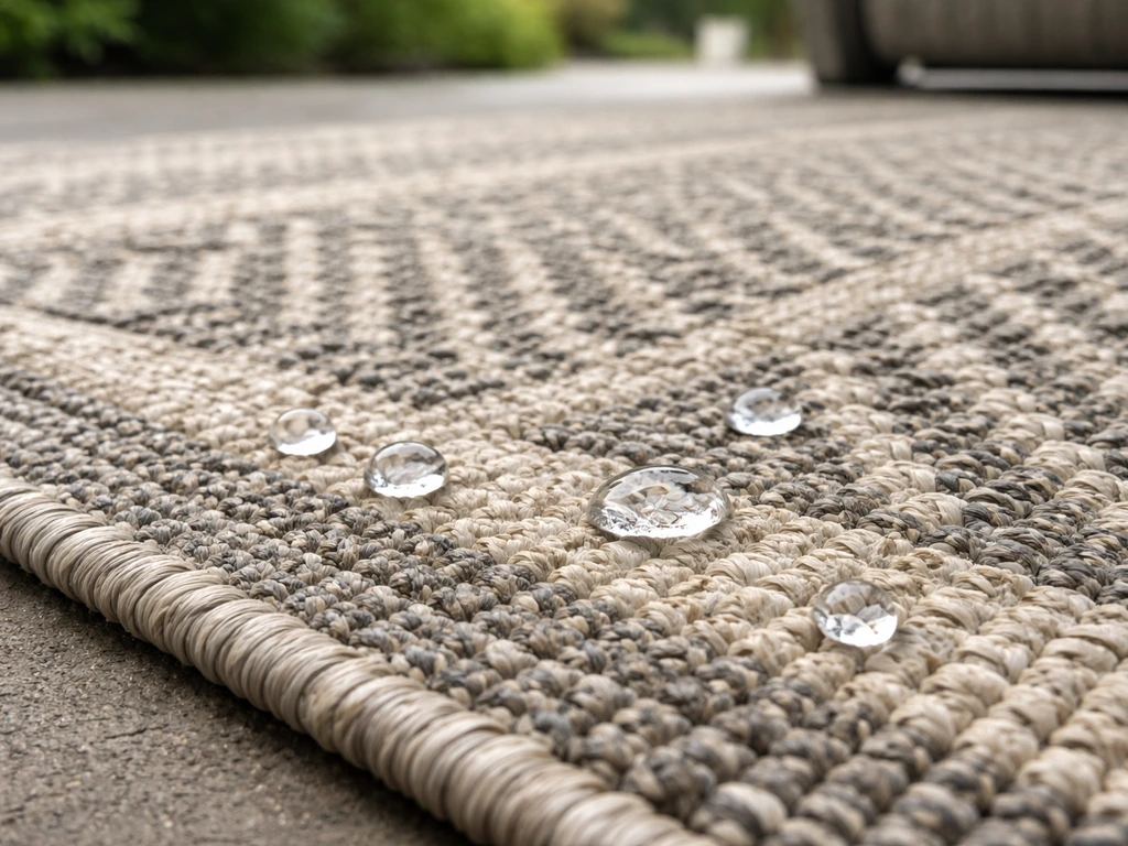 Close-up of a polypropylene outdoor rug with water droplets beaded on textured fibers on a patio.