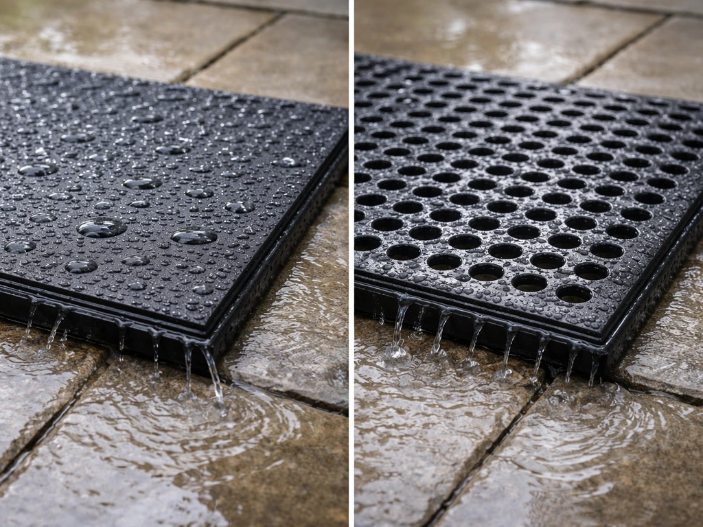 Solid vinyl mat with water beading on a patio, water running off and through perforations