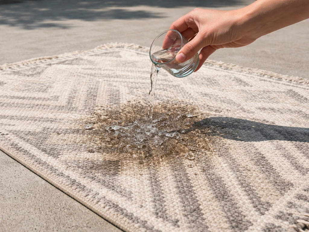 A small cup pours water onto an outdoor rug on a hard surface, water beading and soaking in.