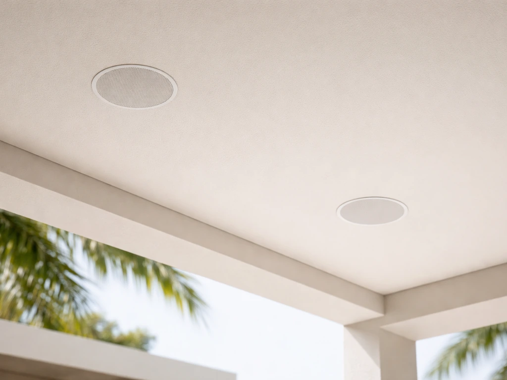 Covered patio ceiling soffit with recessed in-ceiling speakers and hidden wiring