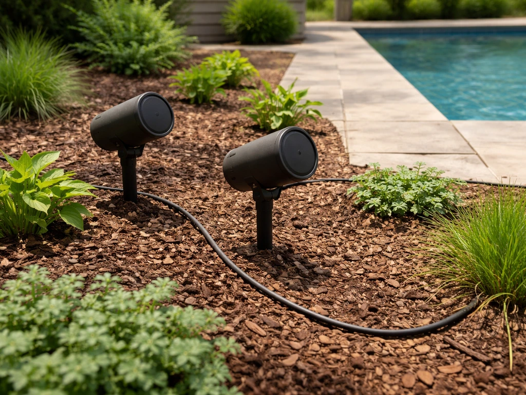 Landscape speakers on stakes in a garden bed near a pool deck with cables laid along the soil.