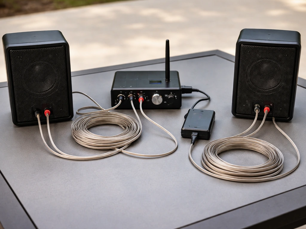 Wiring bundle and outdoor audio components laid out for a patio speaker setup