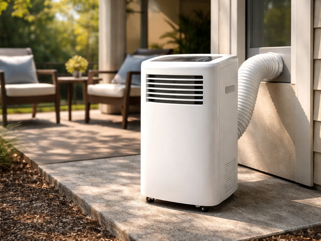 Portable patio air conditioner cooling a covered outdoor seating area in summer light with exhaust hose routed properly.