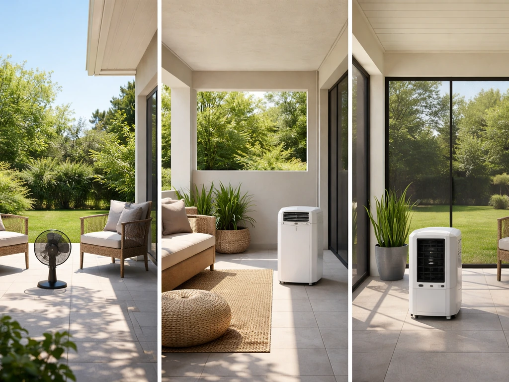 Three minimal patio setups—open, semi-enclosed, and screened/covered—each with an appropriate cooling appliance.