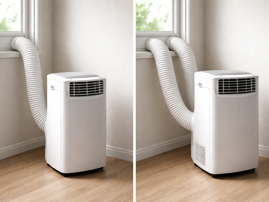 Two portable AC units side by side showing single-duct vs dual-duct hose setups to a window.