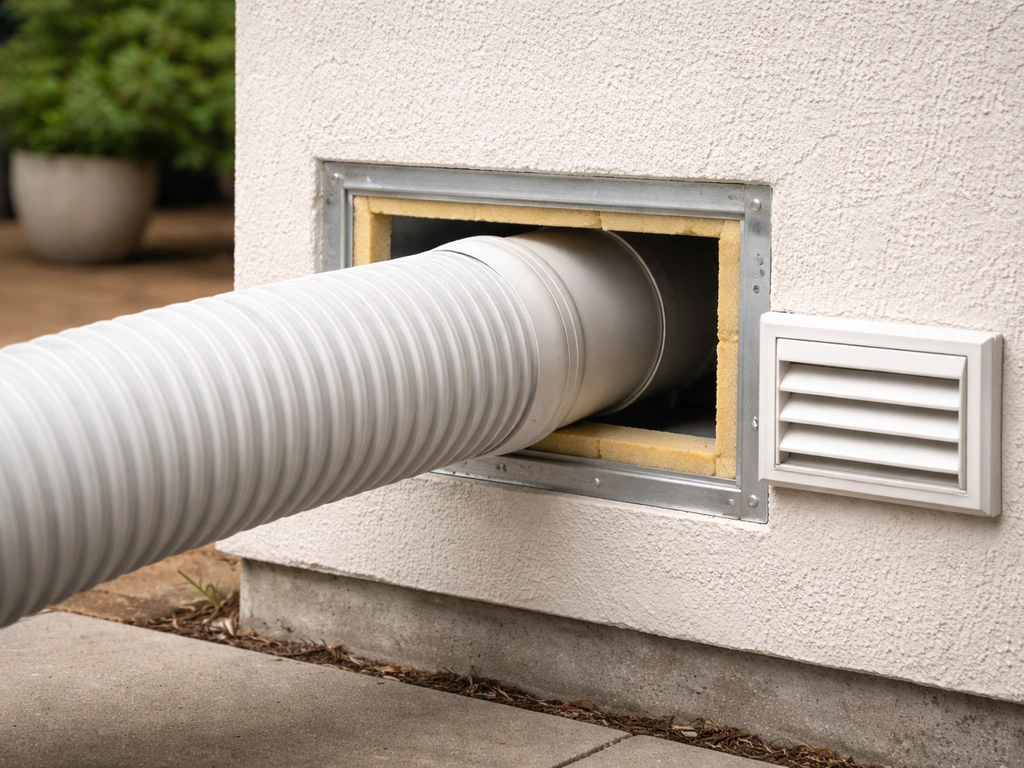 Close-up of a patio through-wall AC sleeve and venting setup installed in a wall